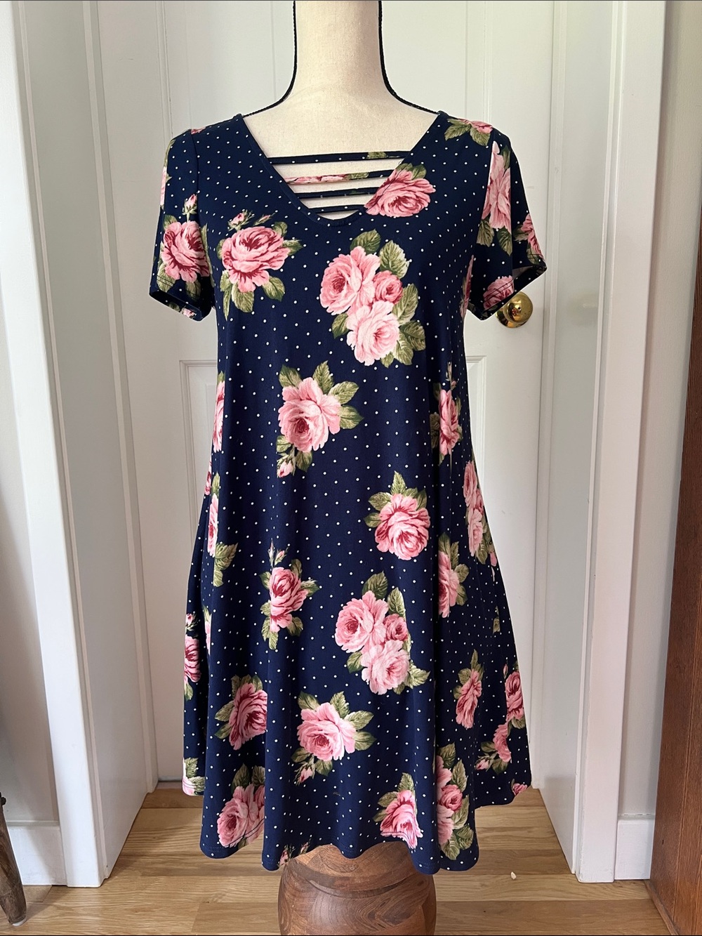 Navy Polka Dots Roses V-Neck Swing Dress, Front & Back ladder cutouts, Size S